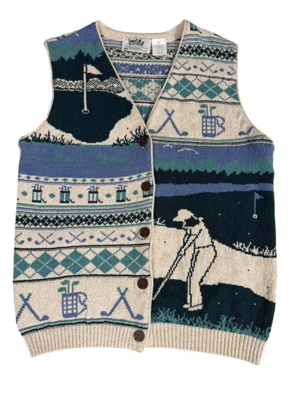 VTG Northern Reflections Golf Knit Cardigan Vest Size M 90s Country Club Sporty